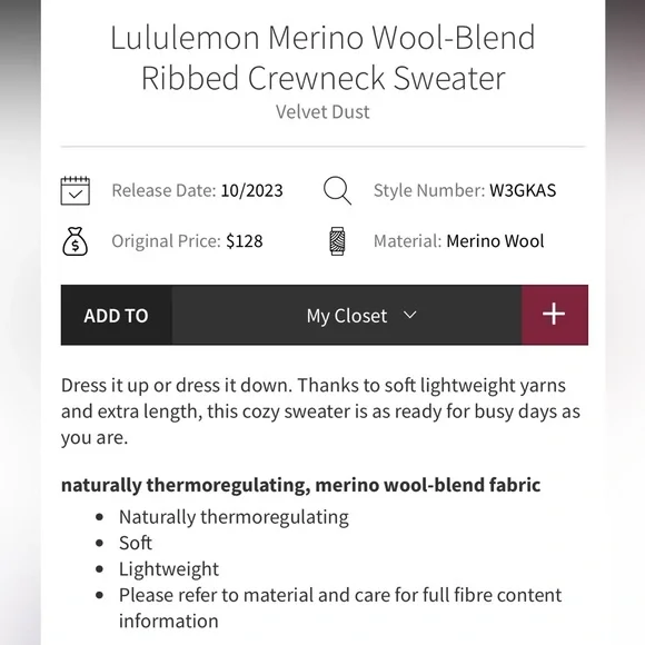Lululemon Merino Wool Blend Ribbed Crew Neck Sweater Velvet Dust Pink Size 8 NEW